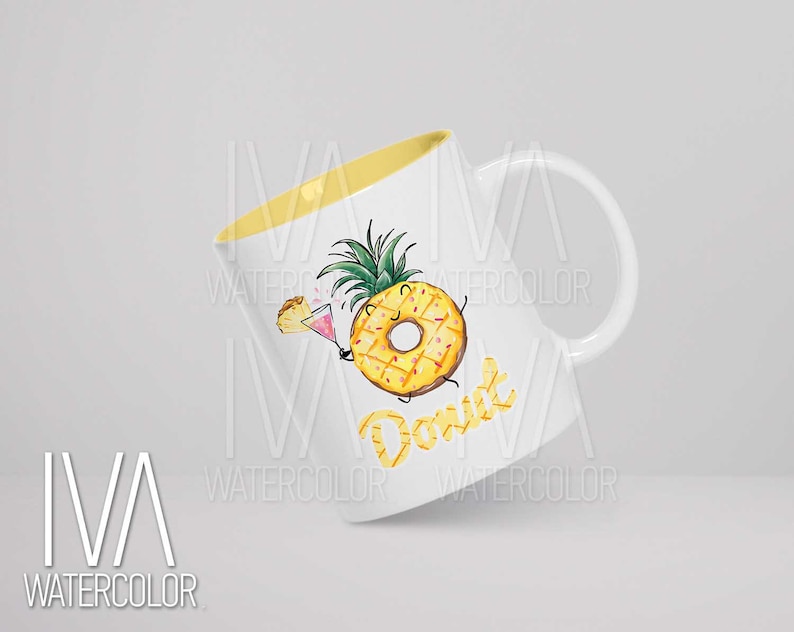 May include: White ceramic mug with a yellow rim. The mug features a cartoon pineapple wearing a donut as a hat and holding a pink cocktail. The text "Donut" is written below the pineapple.