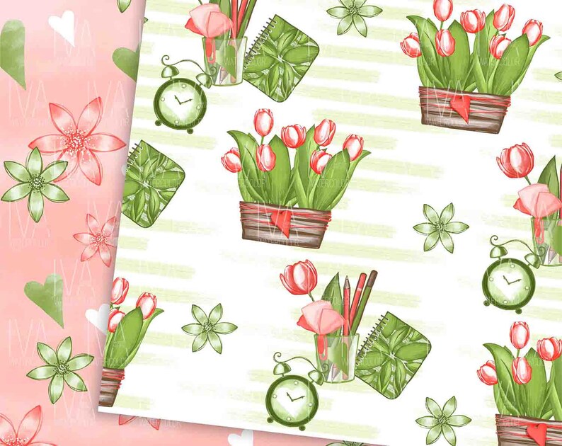 May include: A seamless pattern featuring a repeating design of red tulips in green pots, green plants, alarm clocks, and notebooks. The background is a light green with white stripes.