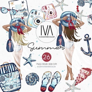 Watercolor Summer Girl Clipart, Nautical Clip Art Set, Summer Scrapbook, Perfect for Nautical & Summer girl Digital Planner and Stickers