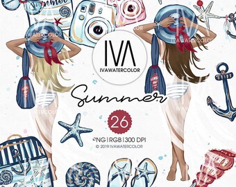 Clipart de chica de verano en acuarela, conjunto de imágenes prediseñadas náuticas, álbum de recortes de verano, perfecto para planificador digital y pegatinas de chica náutica y de verano.
