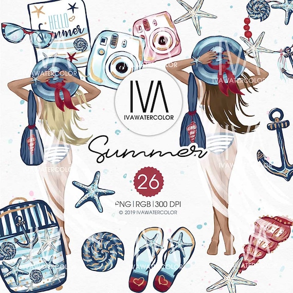 Watercolor Summer Girl Clipart, Nautical Clip Art Set, Summer Scrapbook, Perfect for Nautical & Summer girl Digital Planner and Stickers