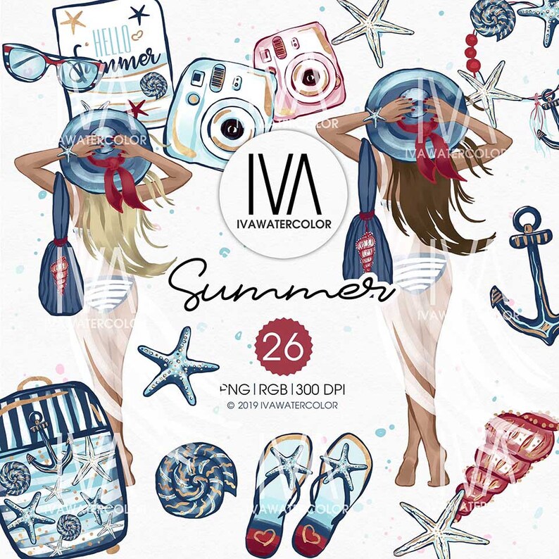 May include: A digital illustration of a summer scene with two women wearing swimsuits and hats, holding bags. The illustration includes a suitcase, flip flops, seashells, starfish, anchors, and cameras. The text "Summer 26" is in the center of the image.