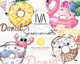 Donut Clipart, Donut PNG Files Print Ready, Summer Clipart, Summer Donuts, motivos para niños, Donut Digital Kit, Sweet Bakery Food Clipart