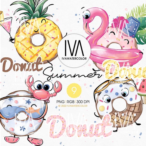 Donut Clipart, Donut PNG Files Print Ready, Summer Clipart, Summer Donuts, kids motifs, Donut Digital Kit, Sweet Bakery Food Clipart