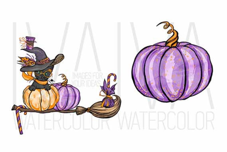 May include: Watercolor illustration featuring Halloween-themed elements. A black cat wearing a witch hat and glasses sits atop a pumpkin. A purple pumpkin is next to the cat. A broom and candy cane complete the design.