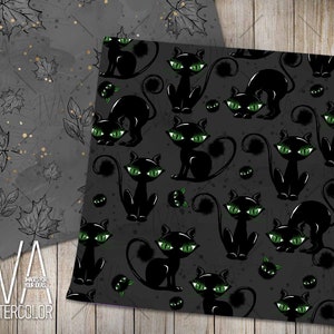 May include: Black and green cat silhouettes on a dark gray background. The cats are in various poses, some with their tails curled around them. The background has a subtle texture.