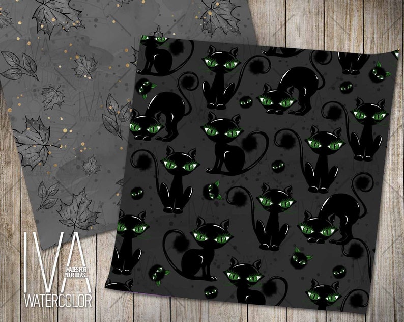 May include: Black and green cat silhouettes on a dark gray background. The cats are in various poses, some with their tails curled around them. The background has a subtle texture.