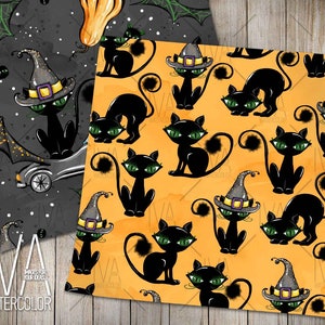 May include: A seamless pattern featuring black cats wearing witch hats on an orange background. The cats have green eyes and are in various poses. The background has a watercolor effect.