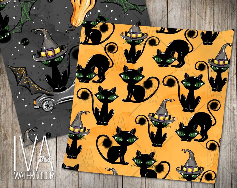May include: A seamless pattern featuring black cats wearing witch hats on an orange background. The cats have green eyes and are in various poses. The background has a watercolor effect.