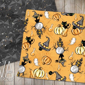 May include: A seamless pattern featuring black cats, pumpkins, witches' hats, and haunted houses on a yellow background. The pattern is perfect for Halloween crafts and projects.