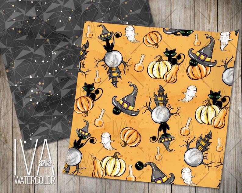 May include: A seamless pattern featuring black cats, pumpkins, witches' hats, and haunted houses on a yellow background. The pattern is perfect for Halloween crafts and projects.