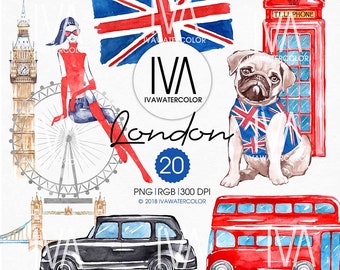 Fashion PNG Spring London Clipart, Travel watercolor, London Bus, Big Ben watercolor, Scrapbooking, Printable London PNG digital download