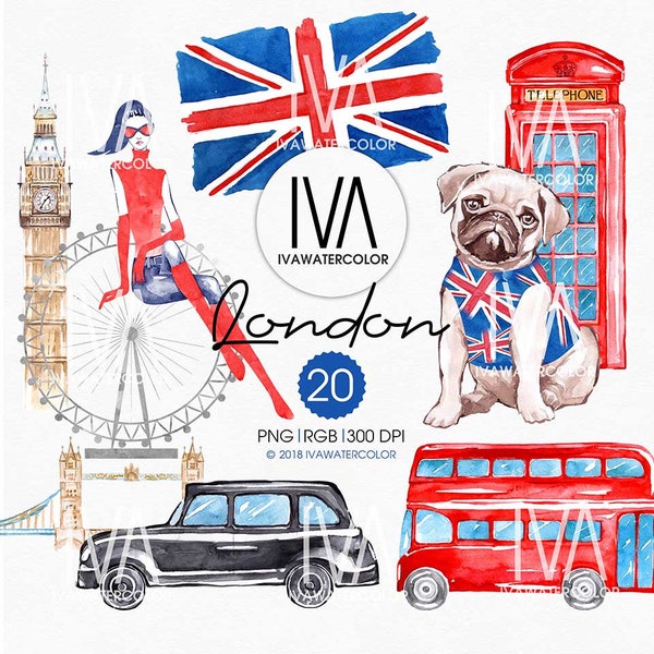 Clipart Londres mode printemps, aquarelle de voyage, bus londonien, aquarelle de Big Ben, scrapbooking, imprimable