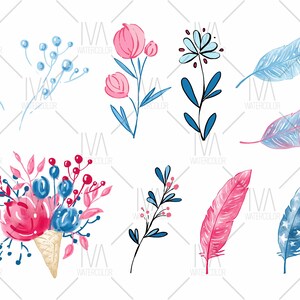 May include: A set of watercolor illustrations featuring pink and blue flowers, leaves, and feathers. The illustrations are perfect for adding a touch of whimsy to any project.