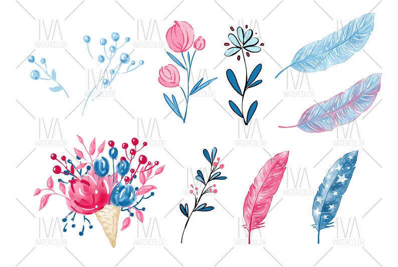 May include: A set of watercolor illustrations featuring pink and blue flowers, leaves, and feathers. The illustrations are perfect for adding a touch of whimsy to any project.