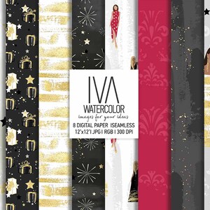 Modemeisjes, naadloos oudejaarsavondpatroon, feest, gouden glitter digitaal papierpakket, decor op je papier. stof. ontwerp: