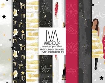 Fashion girls, New Year's Eve seamless pattern, Party Celebrate, Golden glitter digital paper pack, decor on your paper. fabric. design