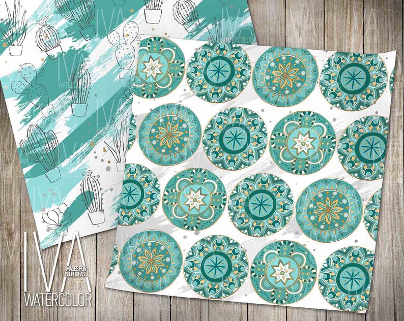 May include: Two digital paper patterns featuring a teal and gold color scheme. One pattern features a repeating design of teal and gold mandalas. The other pattern features a white background with teal brushstrokes and black line drawings of cacti in pots.