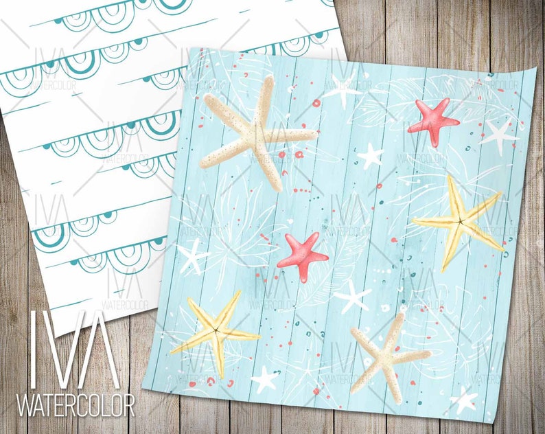 May include: Sea-themed digital paper featuring a blue background with white lines and starfish in shades of yellow, red, and orange. The pattern is perfect for crafting projects.