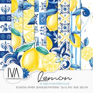Motif méditerranéen sans couture d'été de citron papier numérique grand-millénaire carreau bleu couronne de citron motif méditerranéen pour tissu
