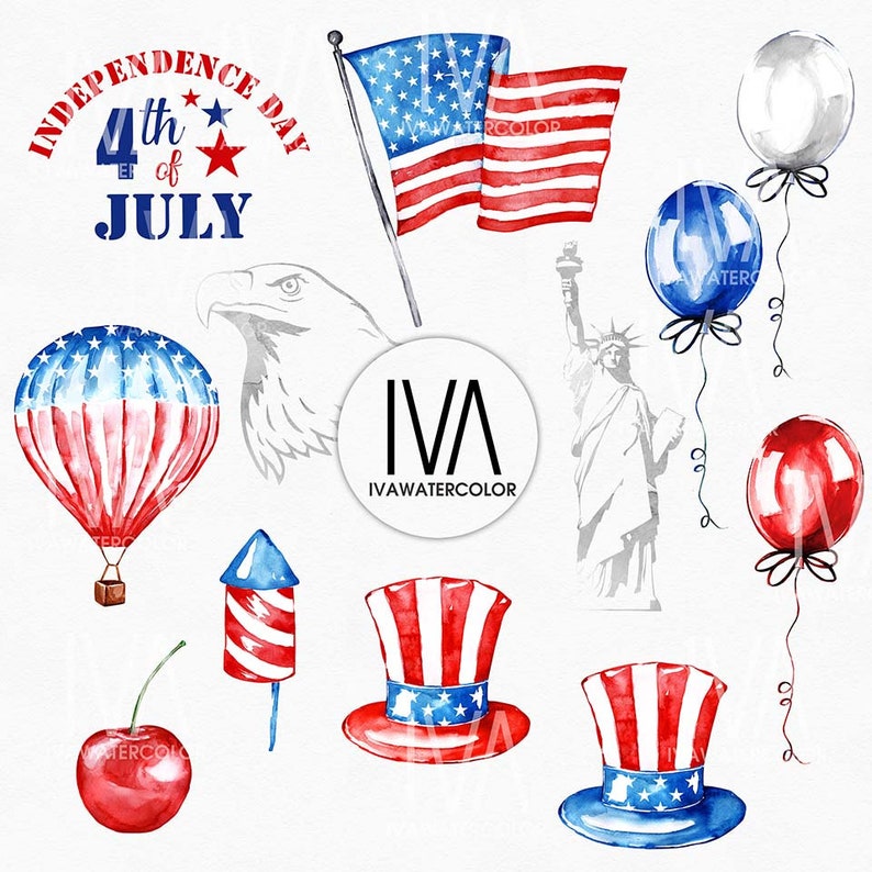 May include: A set of watercolor illustrations celebrating Independence Day. The illustrations include a bald eagle, a hot air balloon, a top hat, a firework, a cherry, a flag, the Statue of Liberty, and balloons in red, white, and blue.