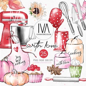 May include: A set of 25 watercolor illustrations featuring kitchen and baking themed items. The illustrations include a red stand mixer, a pink apron with the text "Joy of Cooking", a red oven mitt, a whisk, a spatula, a rolling pin, a cupcake, a jar with the text "Cooking", a pumpkin, and a sunflower.