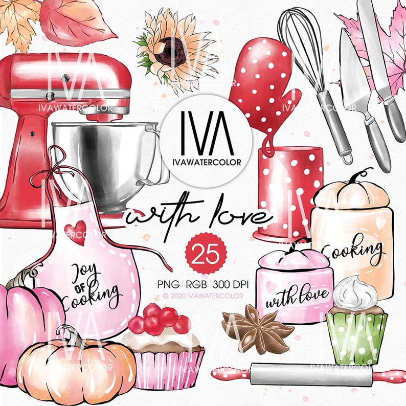 May include: A set of 25 watercolor illustrations featuring kitchen and baking themed items. The illustrations include a red stand mixer, a pink apron with the text "Joy of Cooking", a red oven mitt, a whisk, a spatula, a rolling pin, a cupcake, a jar with the text "Cooking", a pumpkin, and a sunflower.