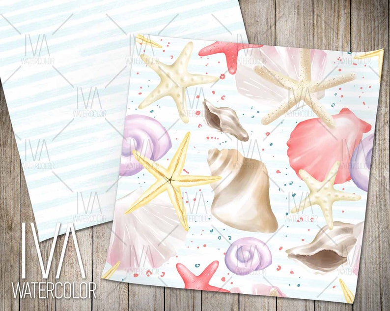 Sea Nautical Summer digital paper pack, Sea wedding digital paper pack, Seashells, Starfish, Sea Life, Underwater Seamless Pattern