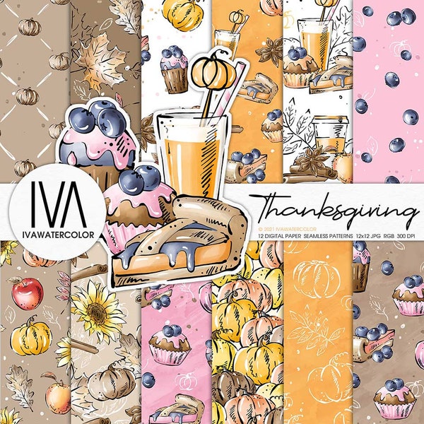 Fall Thanksgiving Hand painted digital paper pack, Pink and Orange Pumpkins, Autumn leaves, Autumn decor, Blueberries, Seamless patterns