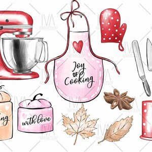 May include: A set of watercolor illustrations featuring kitchen items, including a red stand mixer, a pink apron with the text "Joy of Cooking", a red oven mitt, a whisk, a spatula, two jars with the text "Cooking" and "With Love", a star anise, two fall leaves, and a red and white polka dot container.