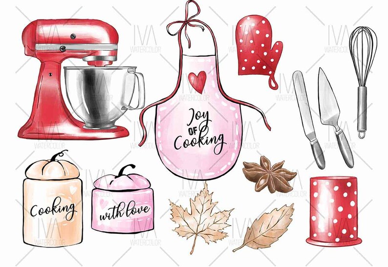 May include: A set of watercolor illustrations featuring kitchen items, including a red stand mixer, a pink apron with the text "Joy of Cooking", a red oven mitt, a whisk, a spatula, two jars with the text "Cooking" and "With Love", a star anise, two fall leaves, and a red and white polka dot container.