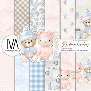 Op de afbeelding: Een set van 12 digitale papierpatronen met schattige illustraties van een teddybeer en een konijn die winterkleding dragen. De patronen omvatten verschillende ontwerpen, zoals ruit, chevron en harten. De tekst "Boho baby" is in de afbeelding opgenomen.