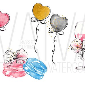 May include: Watercolor illustration of a celebration with a pink heart balloon, a gray heart balloon, a gold heart balloon, a blue and pink macaron, a blue macaron, and a glass of wine with a pink bow.