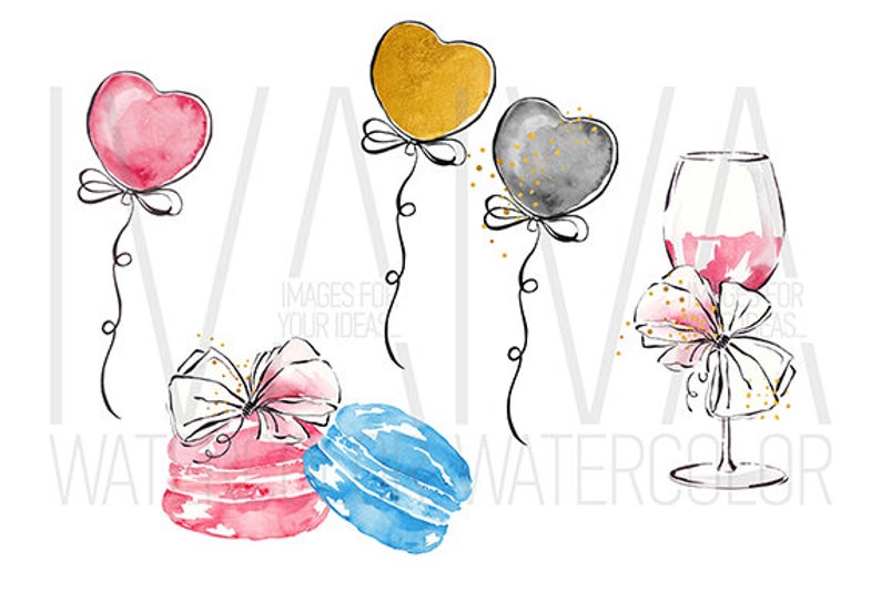 May include: Watercolor illustration of a celebration with a pink heart balloon, a gray heart balloon, a gold heart balloon, a blue and pink macaron, a blue macaron, and a glass of wine with a pink bow.