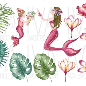 Puede incluir: Dos sirenas de acuarela con colas rosas y cabello largo y casta&ntilde;o. Las sirenas est&aacute;n rodeadas de hojas tropicales y flores en tonos de rosa, blanco y amarillo.