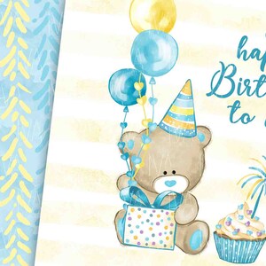 May include: A watercolour illustration of a brown teddy bear wearing a blue and yellow party hat and holding a colourful gift box. The bear is surrounded by blue and yellow balloons and a blue and yellow cupcake with a firework on top. The text "happy Birthday to me" is written in blue and yellow.