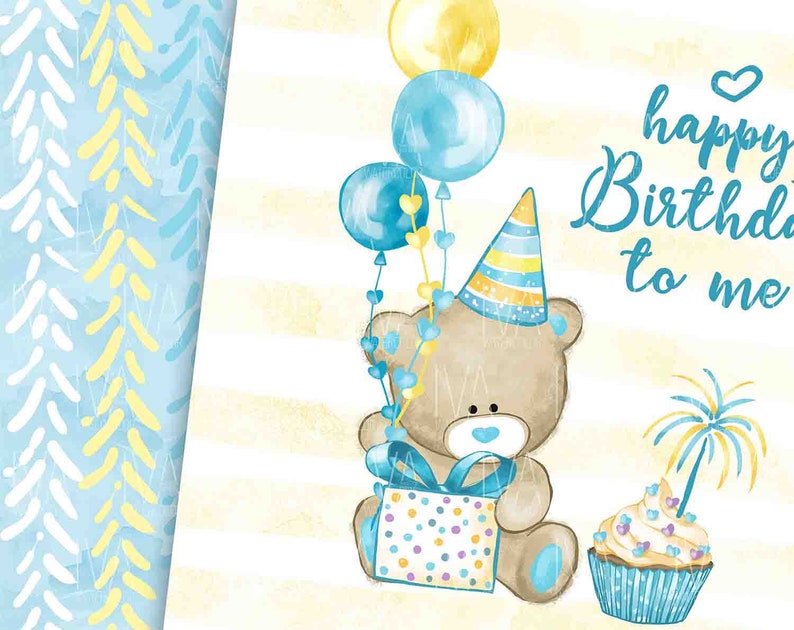 May include: A watercolour illustration of a brown teddy bear wearing a blue and yellow party hat and holding a colourful gift box. The bear is surrounded by blue and yellow balloons and a blue and yellow cupcake with a firework on top. The text "happy Birthday to me" is written in blue and yellow.
