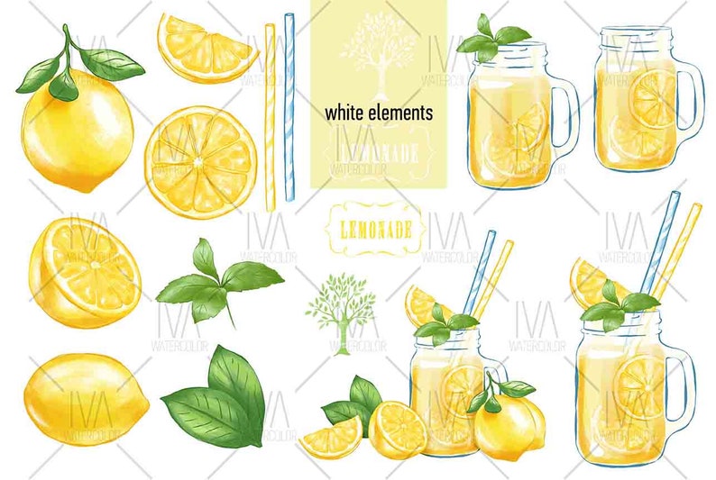 May include: Watercolour illustration of lemons, mint leaves, mason jars filled with lemonade, and straws. The text "white elements" and "Lemonade" are also included in the image.
