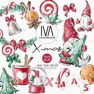 以下が含まれることがあります： 水彩で描かれたクリスマスのイラストのセット。ノーム、キャンディーケーン、オーナメント、スノーグローブが描かれています。イラストは、赤、緑、金色の色合いで、幻想的なスタイルで描かれています。画像には「X-mas 22」というテキストが含まれています。