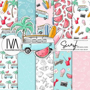 Patrones sin costuras de Summer Fun Surf, acuarela, papel digital para telas, sandía, autobús de surf, palmeras, helado, mejillones y conchas pintados