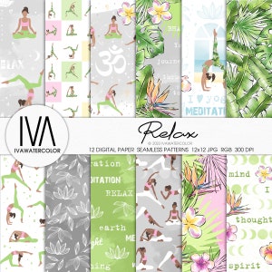 Patrón sin costuras de Yoga Fitness, posturas de yoga, ejercicios, motivos florales de Pilates, papel digital GYM, diseño de motivos florales, para pegatinas de planificador, etc.