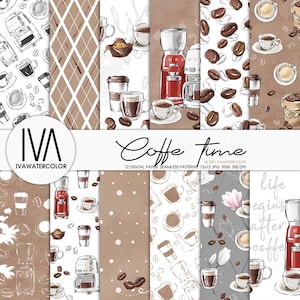Paquete de papel digital Coffee Time - Molinillo de café, Patrones culinarios sin costuras, Impresión de taza de café Scrapbooking, Papel de álbum de recortes digital barista