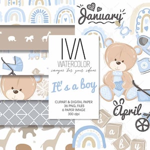 Paquete de papel digital y clipart para bebé niño, patrón sin costuras digital de juguetes para niños, fondo para guardería, creación de tarjetas, diseño de telas, álbumes de recortes para bebés