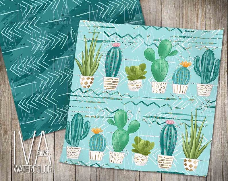 May include: A seamless pattern featuring watercolor illustrations of cacti and succulents in pots on a light blue background with a geometric pattern in gold and white.