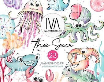 Könnte beinhalten: Ein Set mit 23 Aquarell-Illustrationen von Meeresbewohnern, darunter ein blauer Wal, eine Qualle, ein Tintenfisch, eine Krabbe, ein Hai, eine Schildkröte und eine Garnele. Die Illustrationen sind im Cartoon-Stil gehalten und haben einen verspielten Charakter. Der Text "The Sea" ist in einer dekorativen Schriftart geschrieben.