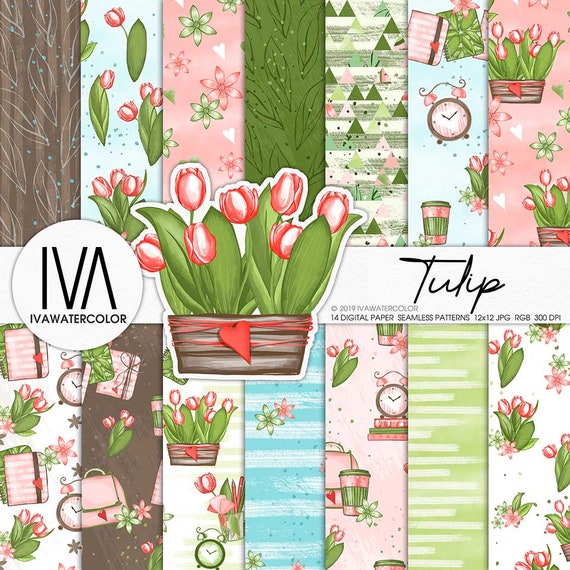 Spring Background Digital paper, Tulip Flower Wallpaper, floral Scrapbook Seamless Patterns, for Planner Stickers Journals etc.