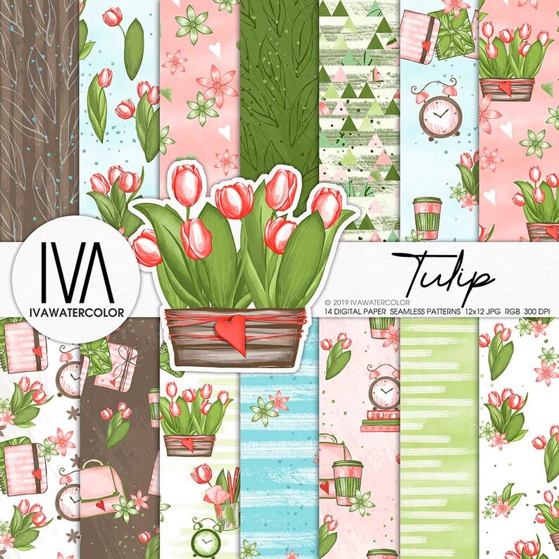 May include: A set of 14 digital paper seamless patterns featuring tulips, hearts, books, coffee cups, clocks, and geometric shapes. The patterns are in a variety of colors, including pink, blue, green, and brown. The patterns are 12x12 inches and 300 DPI.