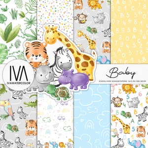 Paquete de papel digital Baby Animals Lindo patrón sin costuras pegatinas de tela cebra tigre cocodrilo loro hipopótamo elefante jirafa tortuga flamenco