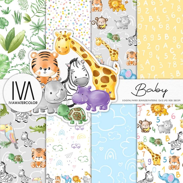 Baby Animals digital paper pack Cute seamless pattern fabric stickers zebra tiger crocodile parrot hippo elephant giraffe turtle flamingo