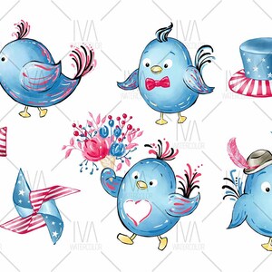 May include: A set of watercolor illustrations featuring blue birds with red, white, and blue accents. The birds are depicted in various poses, including holding a bouquet of flowers, wearing a hat, and flying. The illustrations also include a pinwheel and a firework.